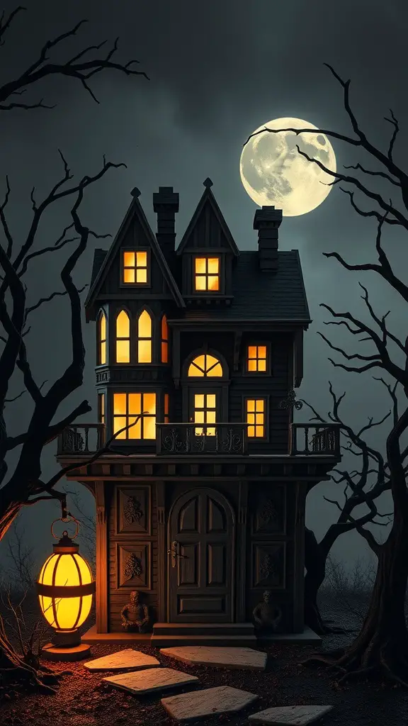 A haunted house with glowing windows under a full moon, surrounded by dark trees and a lantern at the entrance.