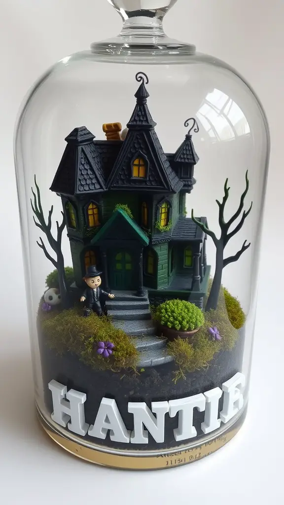 A haunted house terrarium featuring a green haunted house, tiny trees, and a figure in a top hat under a glass dome.
