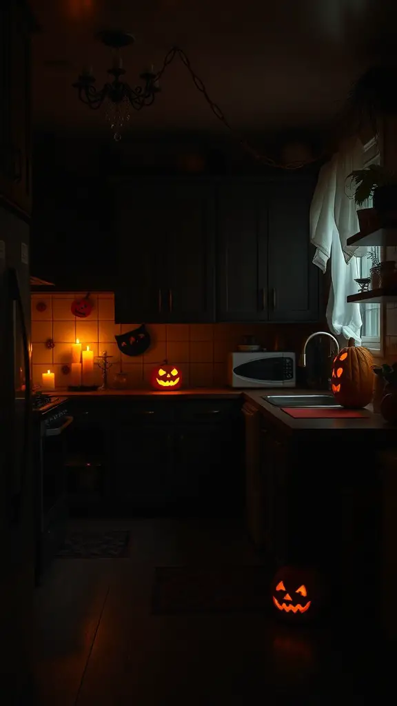 A dimly lit kitchen decorated for Halloween with candles and jack-o'-lanterns.