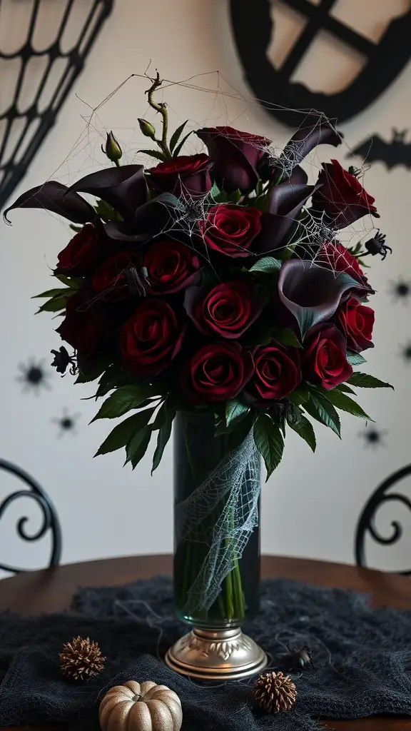 19 Spooktacular Items for the Perfect Halloween Tablescape 11 A Halloween floral arrangement featuring red roses and dark calla lilies with spider webs, placed on a dark tablecloth.