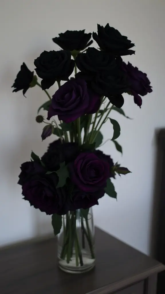A bouquet of black and purple roses in a clear vase on a wooden table.