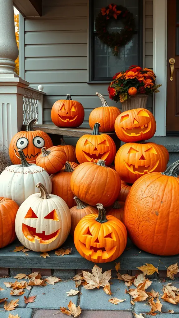A display of carved pumpkins on a porch, featuring various expressions and a mix of colors, surrounded by autumn leaves.