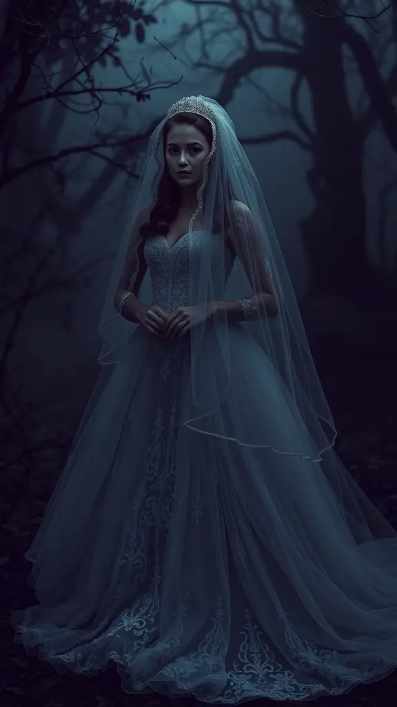A bride in a hauntingly beautiful wedding dress standing in a dark, misty forest.