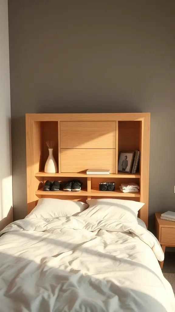 25+Creative Bed Frame with Storage Ideas You’ll Love 8 A wooden headboard with hidden compartments and shelves, featuring books, shoes, and a camera.
