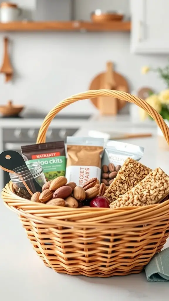 21 Thoughtful Baby Shower Basket Gift Ideas 15 A healthy snack basket filled with almonds, granola bars, dried fruits, and healthy snacks.