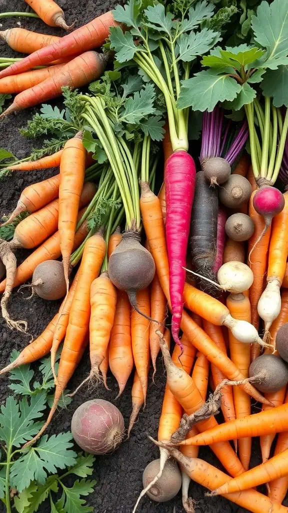 19 Creative Fall Vegetable Garden Ideas for a Bountiful Harvest 2 A colorful assortment of freshly harvested root vegetables including carrots, radishes, and beets.
