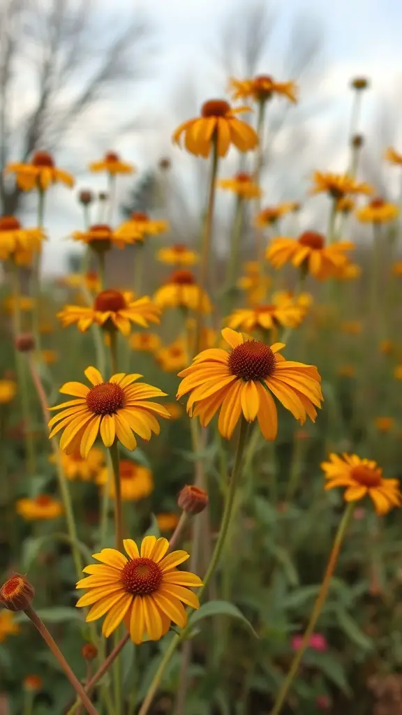 19 Stunning Fall Plants to Brighten Your Garden 6 A field of bright yellow and orange Helenium flowers in bloom.
