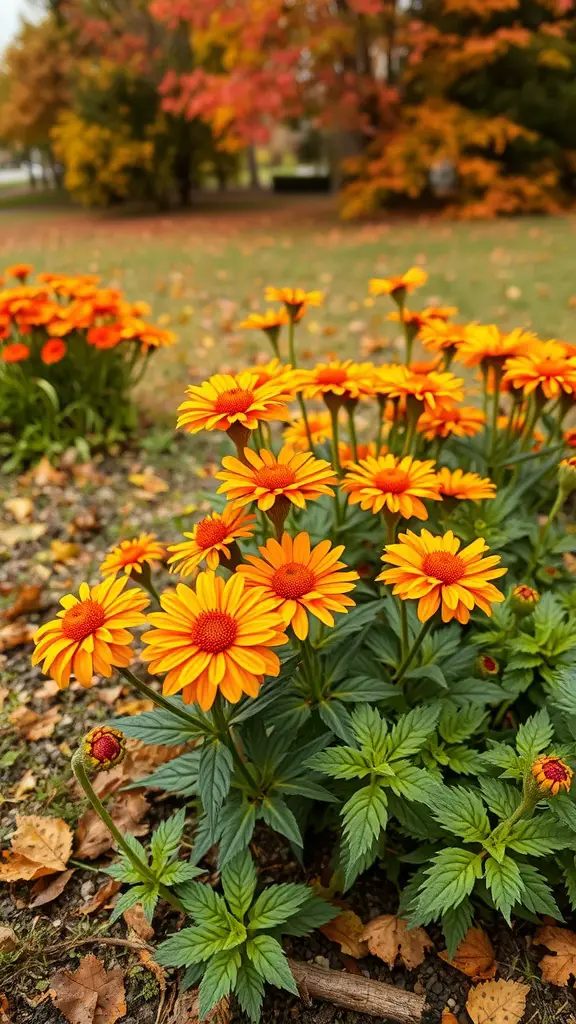 21 Stunning Fall Flower Bed Ideas to Beautify Your Home 16 Bright orange and yellow helenium flowers in a garden with fall foliage in the background.