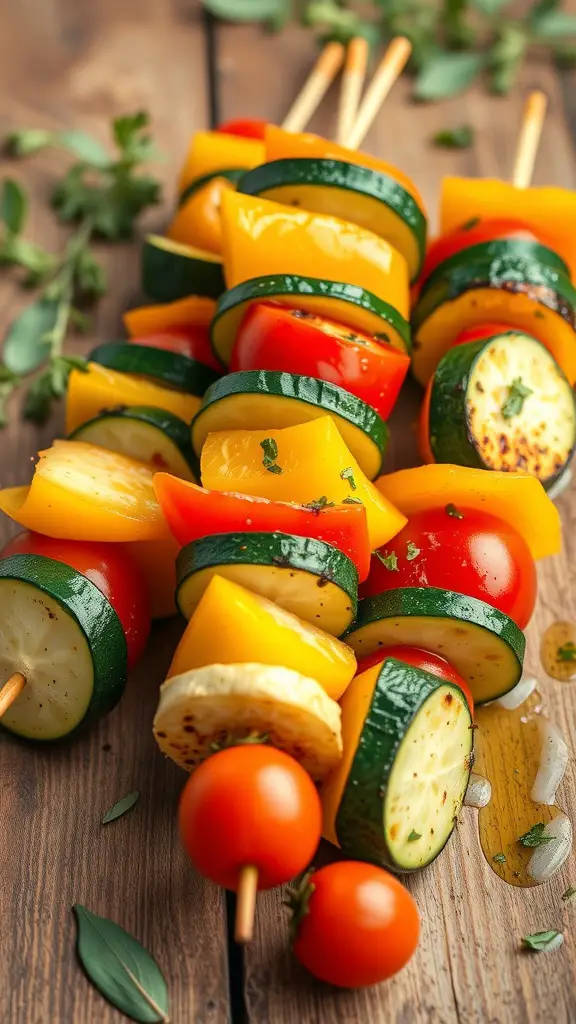 17 Creative Dish Garden Ideas to Elevate Your Space 10 Colorful vegetable skewers with zucchini, bell peppers, and cherry tomatoes on wooden skewers