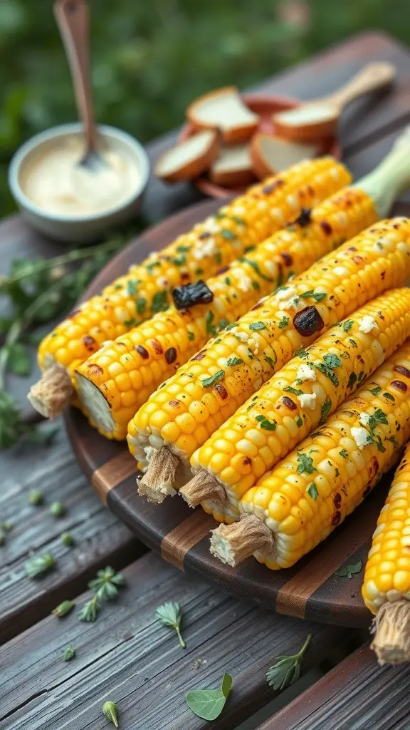 17 Creative Dish Garden Ideas to Elevate Your Space 11 Grilled corn on the cob seasoned with herbs on a wooden platter, with a bowl of dipping sauce and slices of apple in the background.