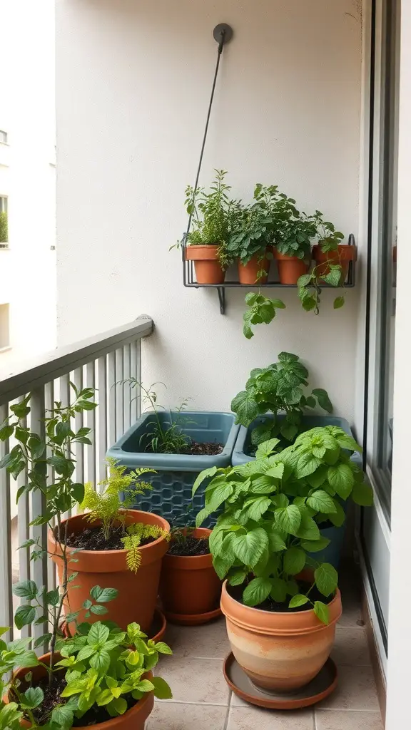 23 Creative Small Balcony Decor Ideas You Need to Try 11 A small balcony with various pots of herbs, including mint and basil, arranged neatly.