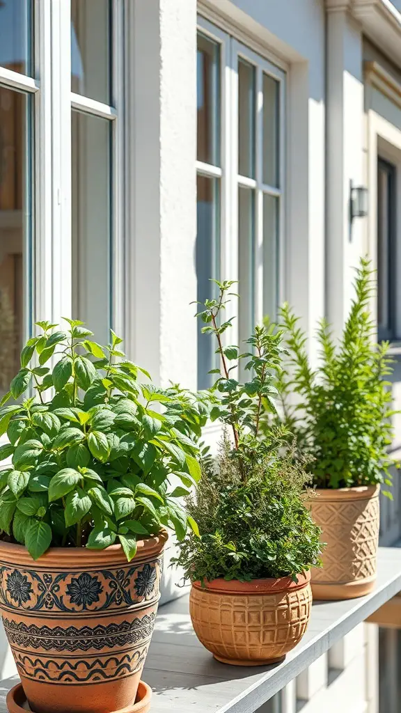 21 Creative Balcony Landscaping Ideas You’ll Love 9 A balcony with potted herbs including basil and thyme in decorative containers.