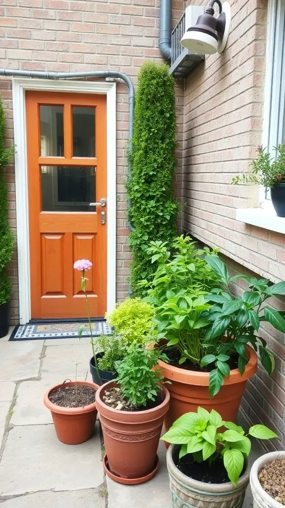 17 Creative Small Apartment Patio Ideas You’ll Love 13 A cozy patio with various potted herbs and plants, featuring a bright orange door in the background.