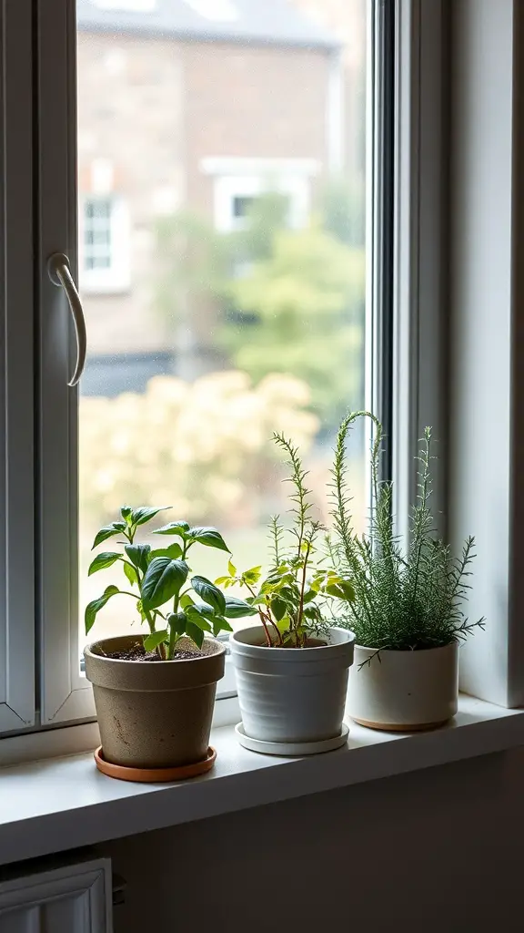 17 Creative Indoor Garden Ideas to Transform Your Space 8 Three pots of herbs on a kitchen windowsill, with sunlight shining through the window.