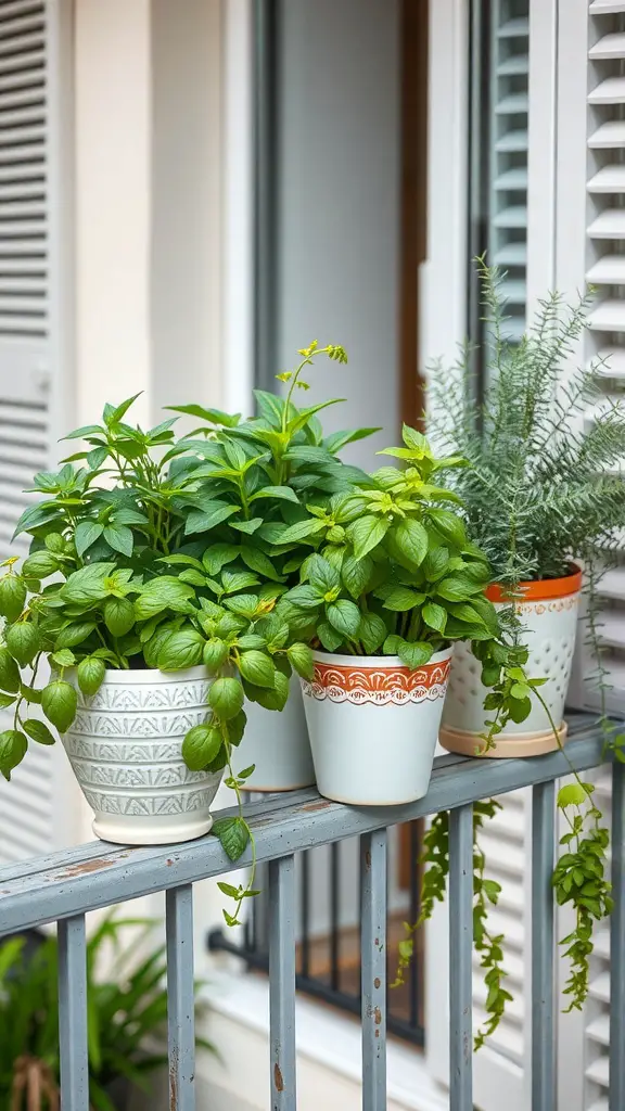 23 Creative Balcony Railing Planters to Transform Your Outdoor Space 6 A balcony railing with various herb plants in decorative pots.