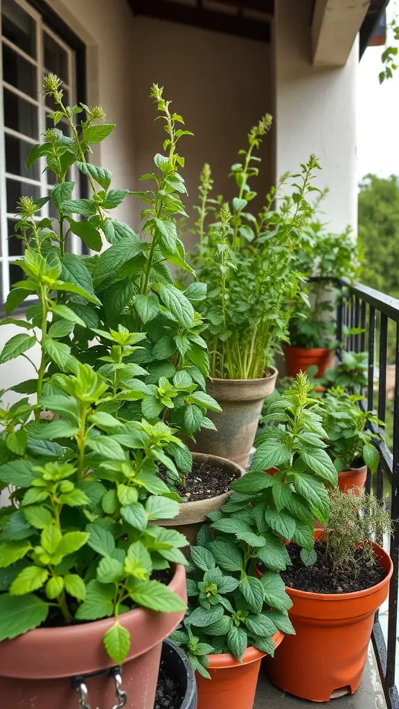 19 Must-Have Vegetables for Your Balcony Garden 13 A balcony garden filled with various potted herbs, showcasing lush green leaves.
