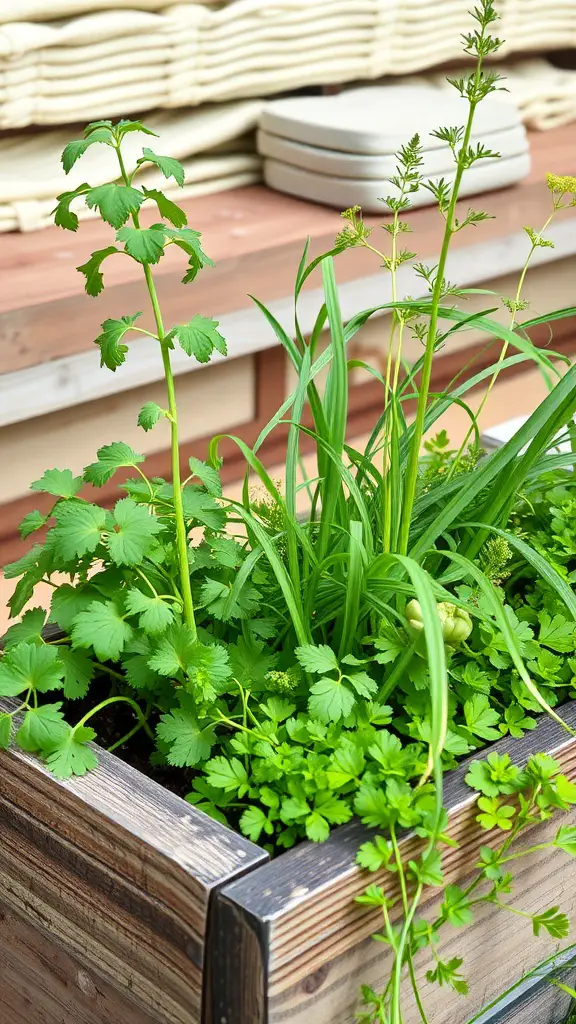 23 Vibrant Mexican Garden Ideas to Transform Your Outdoor Space 5 A wooden planter filled with fresh herbs including cilantro and parsley.