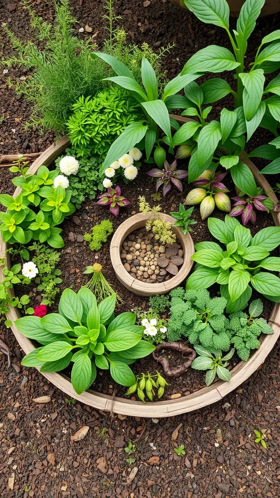 19 Enchanted Garden Ideas to Transform Your Outdoor Space 16 A vibrant herb spiral garden with various herbs and flowers arranged in a circular design.