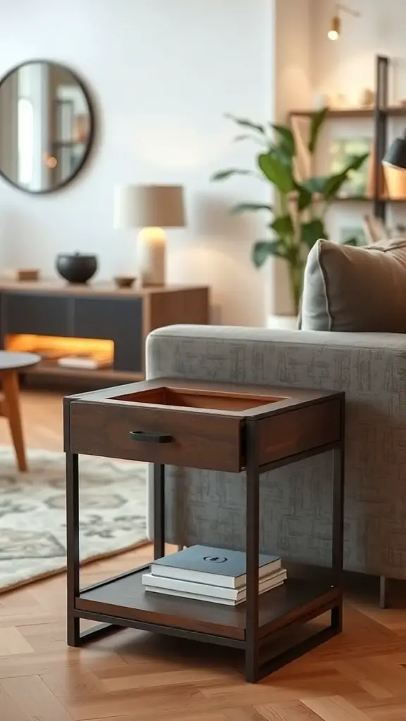 15 Clever Living Room Storage Ideas You Need to Try 16 A modern side table with a drawer and an open shelf in a cozy living room setting.