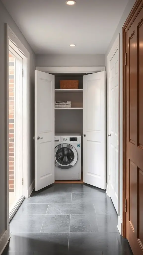 A compact laundry area with a front-loading washer behind double doors, featuring shelves above for storage.