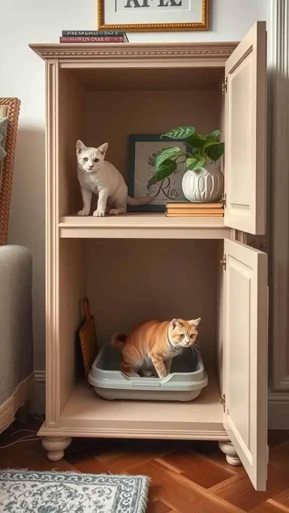 17 Purrfect Cat Apartment Ideas for Happy Felines 2 A stylish cabinet with a hidden litter box, featuring a white cat on top and an orange cat inside.