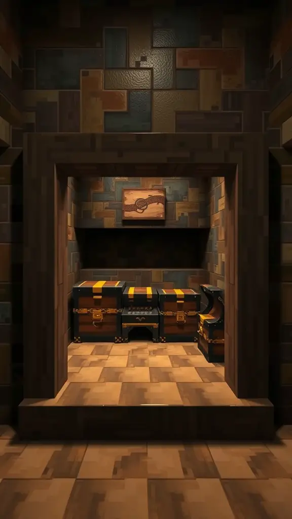 19 Creative Minecraft Storage Room Ideas You Need to Try 3 A cozy hidden storage room in Minecraft with treasure chests and warm-toned walls.