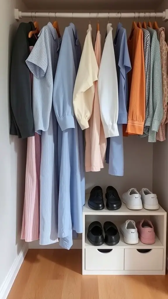 17+ Smart Closet Storage Ideas to Maximize Space 16 A closet with hanging clothes and a shoe rack underneath