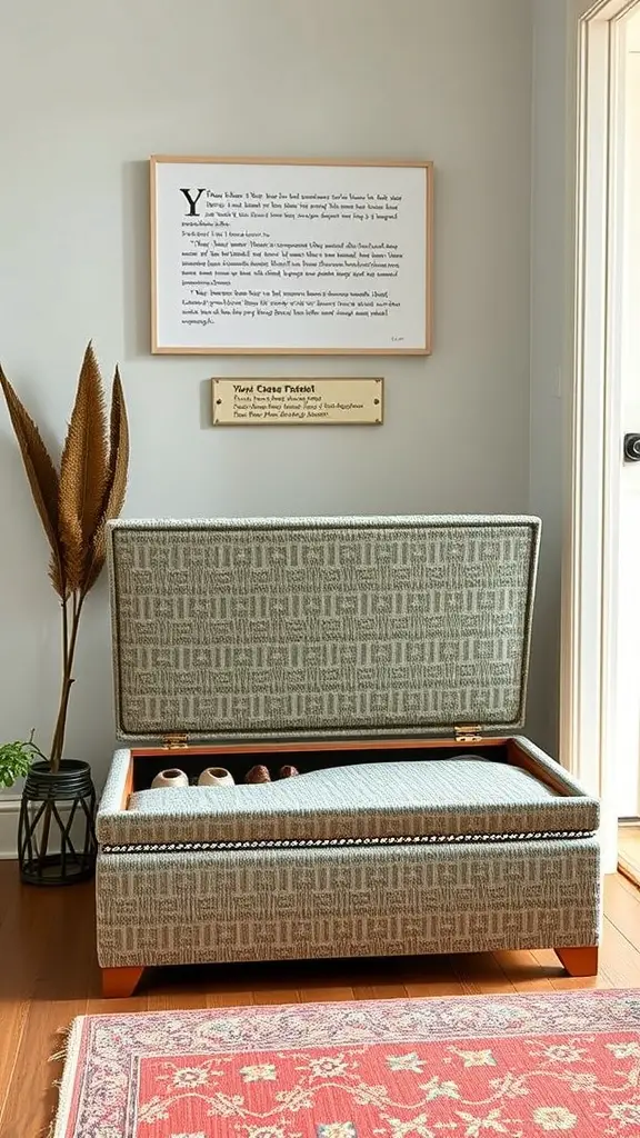 A stylish hidden storage ottoman in an entryway with a decorative wall and plants.