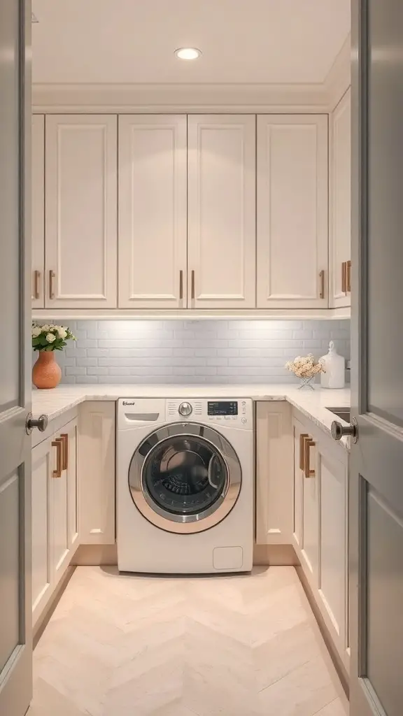 19 Clever Small Laundry Room Ideas to Maximize Space 5 A small laundry room with a washer hidden behind cabinetry, featuring light-colored cabinets and a bright countertop.