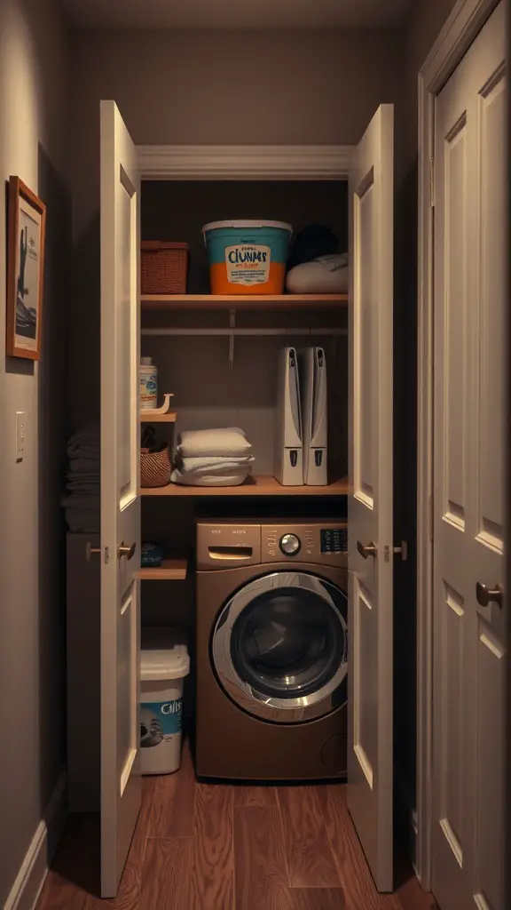 15+ Clever Hallway Laundry Closet Ideas for Small Spaces 16 A hallway laundry closet with a washing machine, neatly organized shelves, and laundry supplies.