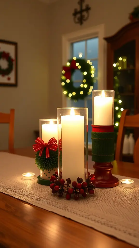 15 Creative Dollar Tree Christmas Decor Ideas for a Festive Home 10 A festive display of holiday-themed candle holders on a table, featuring white candles, colorful holders, and a wreath in the background.