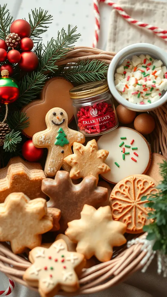21 Creative Auction Basket Ideas You’ll Love 17 A festive basket filled with decorated holiday cookies, sprinkles, and pine branches.