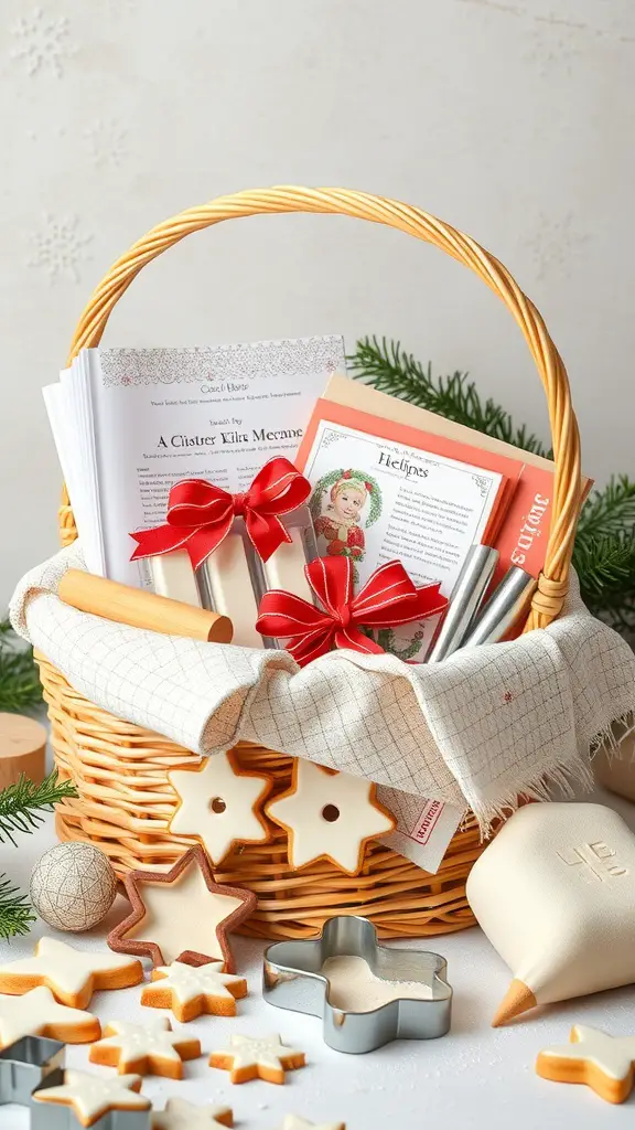 19 Creative Raffle Basket Ideas You’ll Love 13 A holiday baking kit in a wicker basket with cookie cutters, recipe cards, and decorative items.