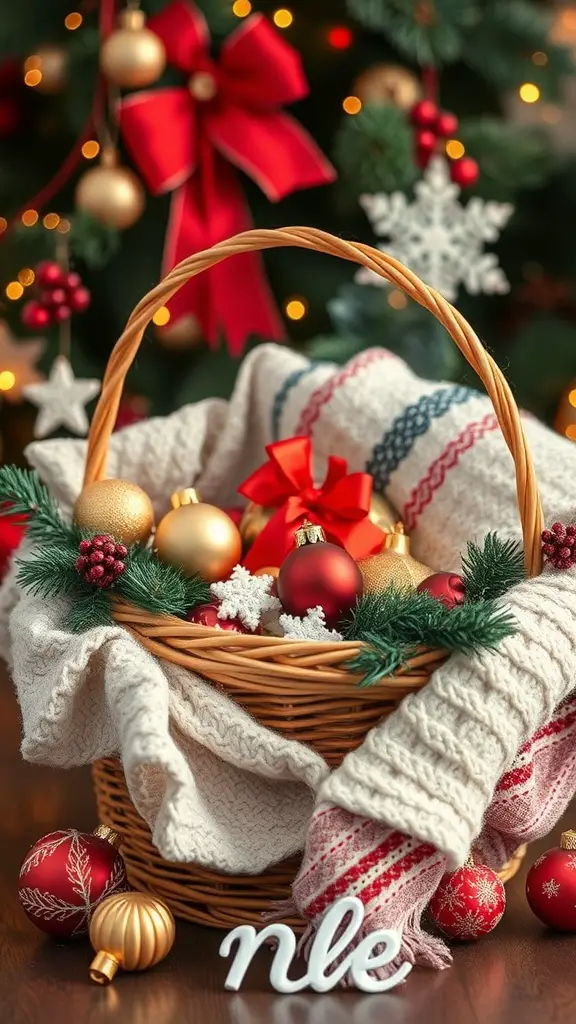 15 Creative Dollar Tree Gift Basket Ideas for Any Occasion 11 A beautifully arranged holiday basket filled with ornaments, a cozy blanket, and festive decorations.