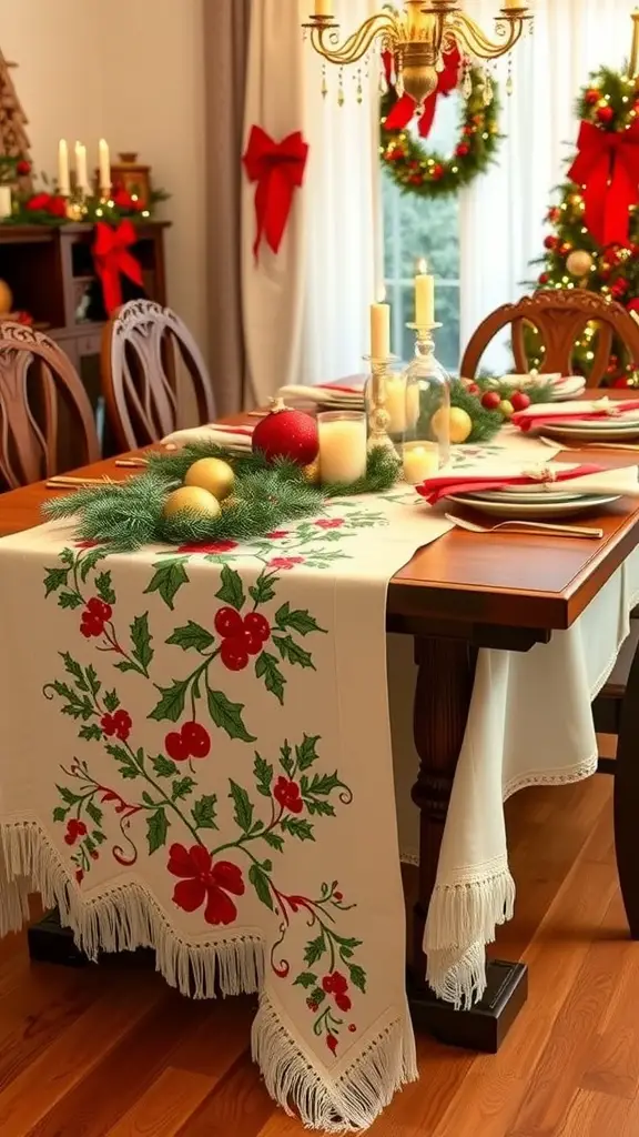 A beautifully decorated dining table with a holiday-themed embroidered table runner featuring red flowers and green leaves.