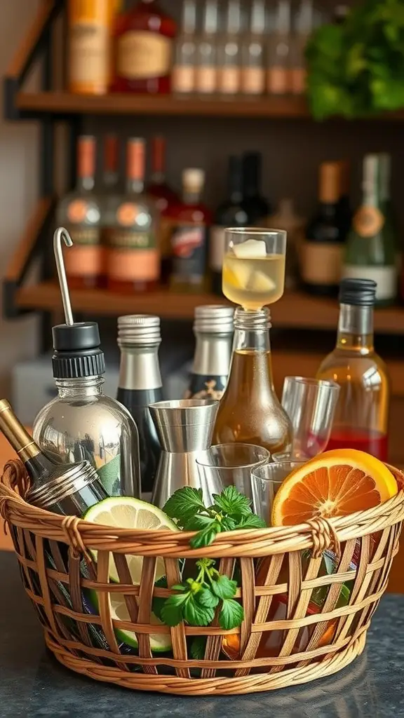19 Creative Raffle Basket Ideas You’ll Love 17 A wicker basket filled with bar essentials including bottles, glasses, and fresh garnishes like lime and mint.
