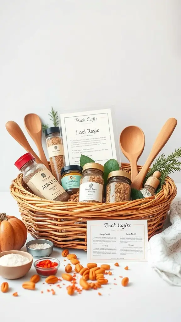 15 Creative Dollar Tree Gift Basket Ideas for Any Occasion 12 A wicker basket filled with cooking essentials including spices, wooden utensils, and recipe cards.