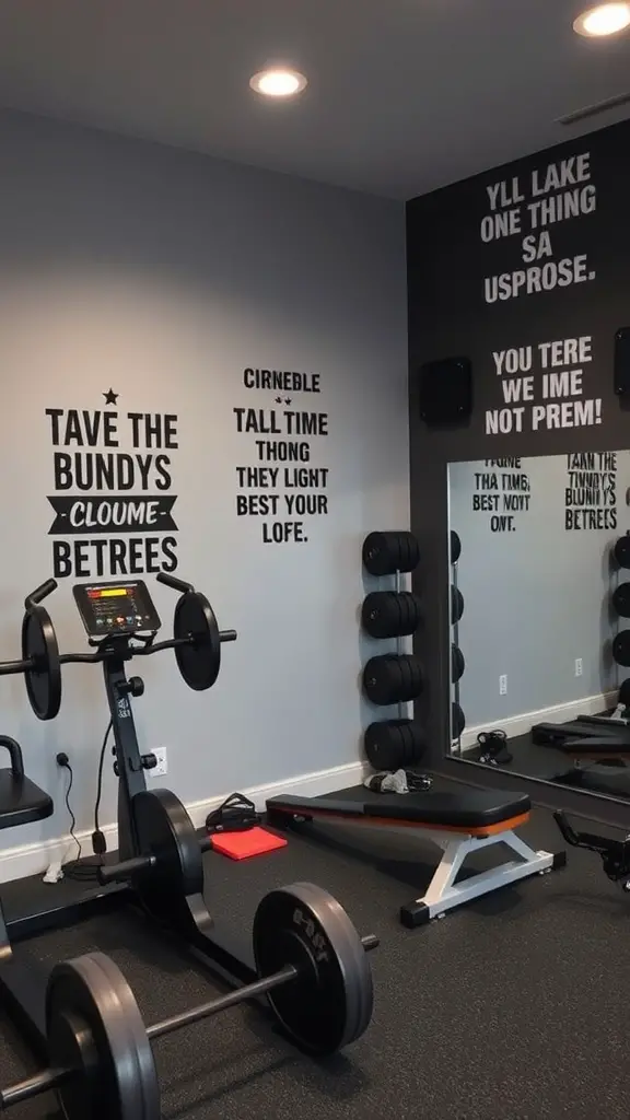 Home gym with exercise equipment and motivational quotes on the walls.