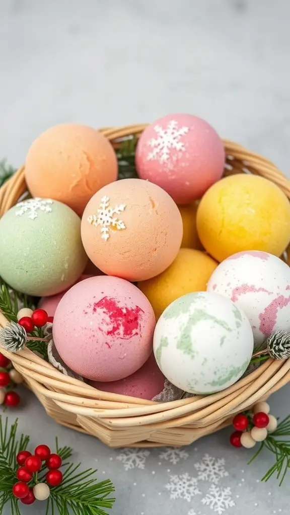 A basket filled with colorful homemade bath bombs decorated with snowflakes.