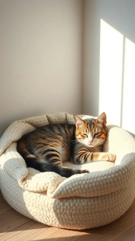 17+ Purr-fect DIY Projects for Cat Lovers 4 A cat relaxing in a soft, round bed with sunlight filtering in.