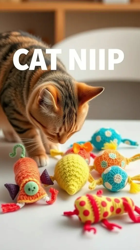17+ Purr-fect DIY Projects for Cat Lovers 17 A curious cat inspecting colorful homemade catnip toys on a table.
