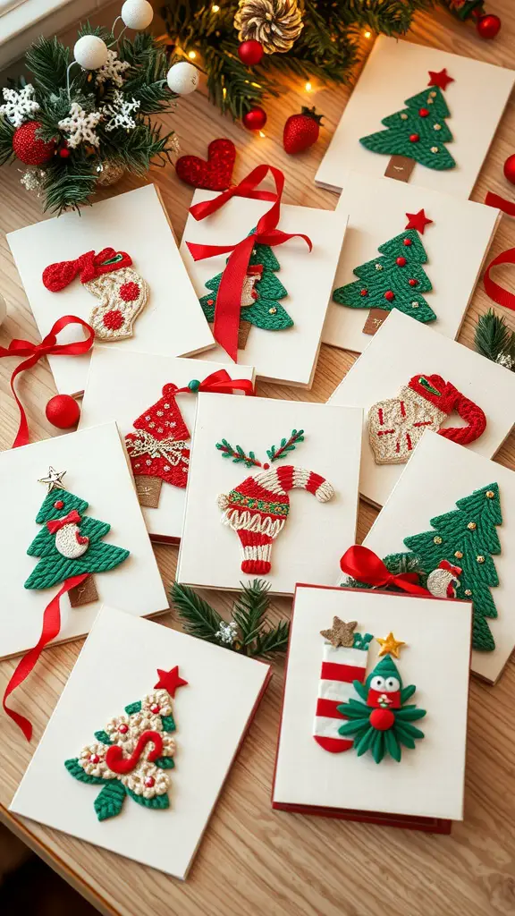 A collection of homemade Christmas cards with fabric accents, featuring trees, stockings, and festive decorations.