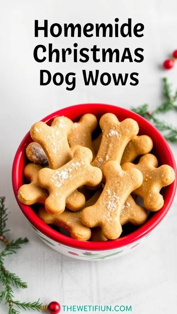 A bowl of homemade Christmas dog treats shaped like bones, decorated with festive elements.