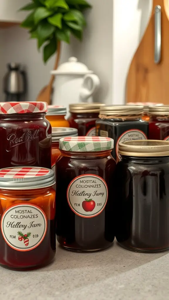 Colorful jars of homemade jams and preserves on a kitchen counter.