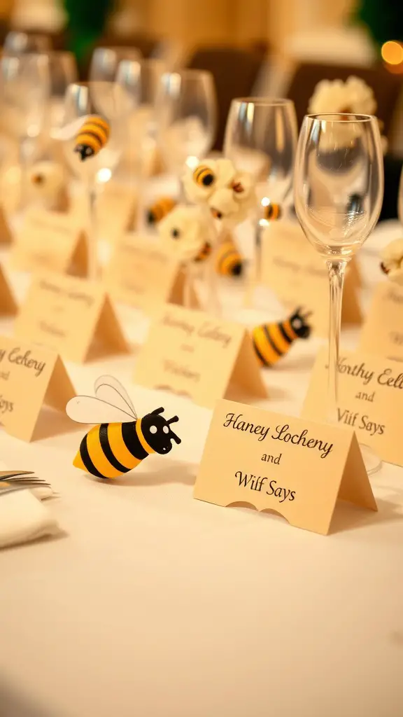 19 Adorable Winnie the Pooh Baby Shower Decoration Ideas 12 Honey bee themed place cards on a table with glasses and decorations