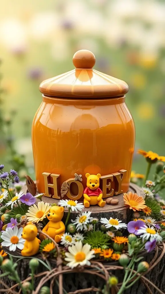 19 Adorable Winnie the Pooh Baby Shower Decoration Ideas 4 A honey pot centerpiece with Winnie the Pooh figurines and flowers.