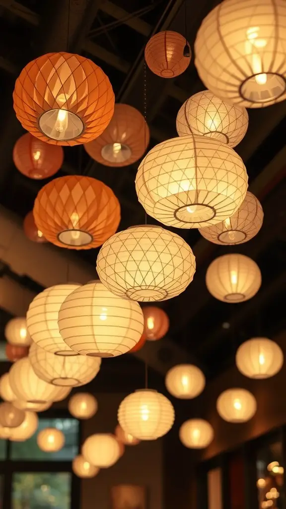 19 Adorable Winnie the Pooh Baby Shower Decoration Ideas 9 A collection of honeycomb paper lanterns in warm colors hanging from the ceiling.