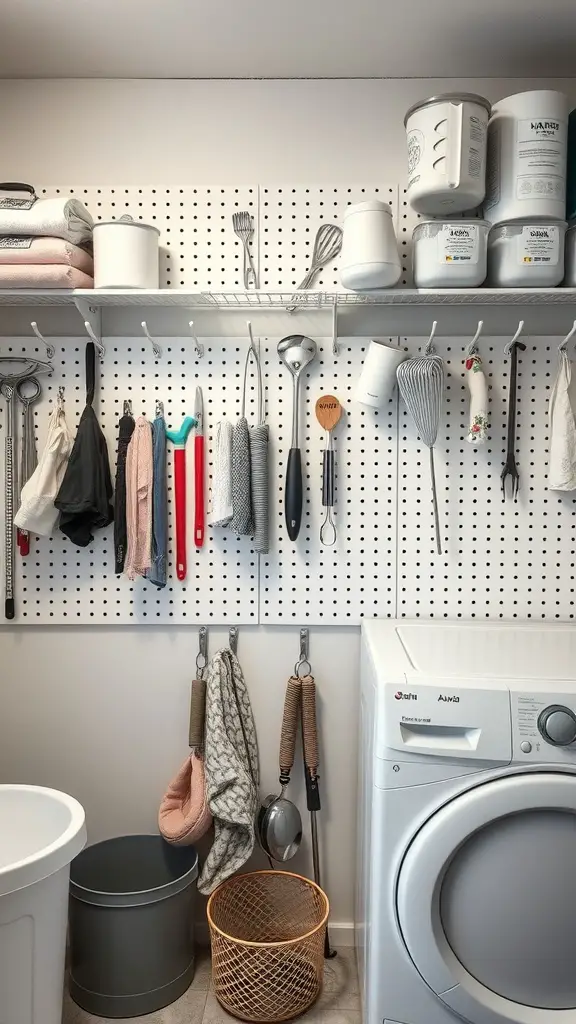 23 Creative Laundry Room Storage Ideas You Need to Try 11 A laundry room with a pegboard displaying various kitchen utensils and accessories, showcasing hooks for organization.