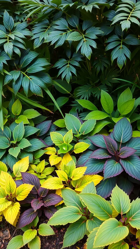 19 Stunning Perennial Plants for Your Garden 6 A variety of hosta plants with lush green, yellow, and purple foliage.
