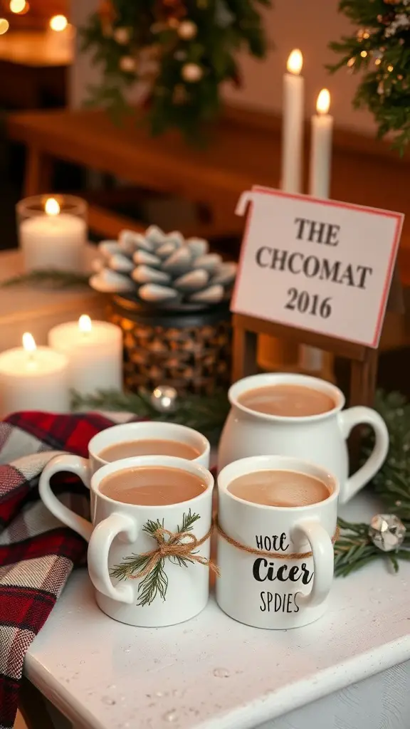 19+ Stunning Christmas Wedding Ideas You Need to See 12 A cozy hot beverage station with mugs of hot drinks, candles, and festive decorations.